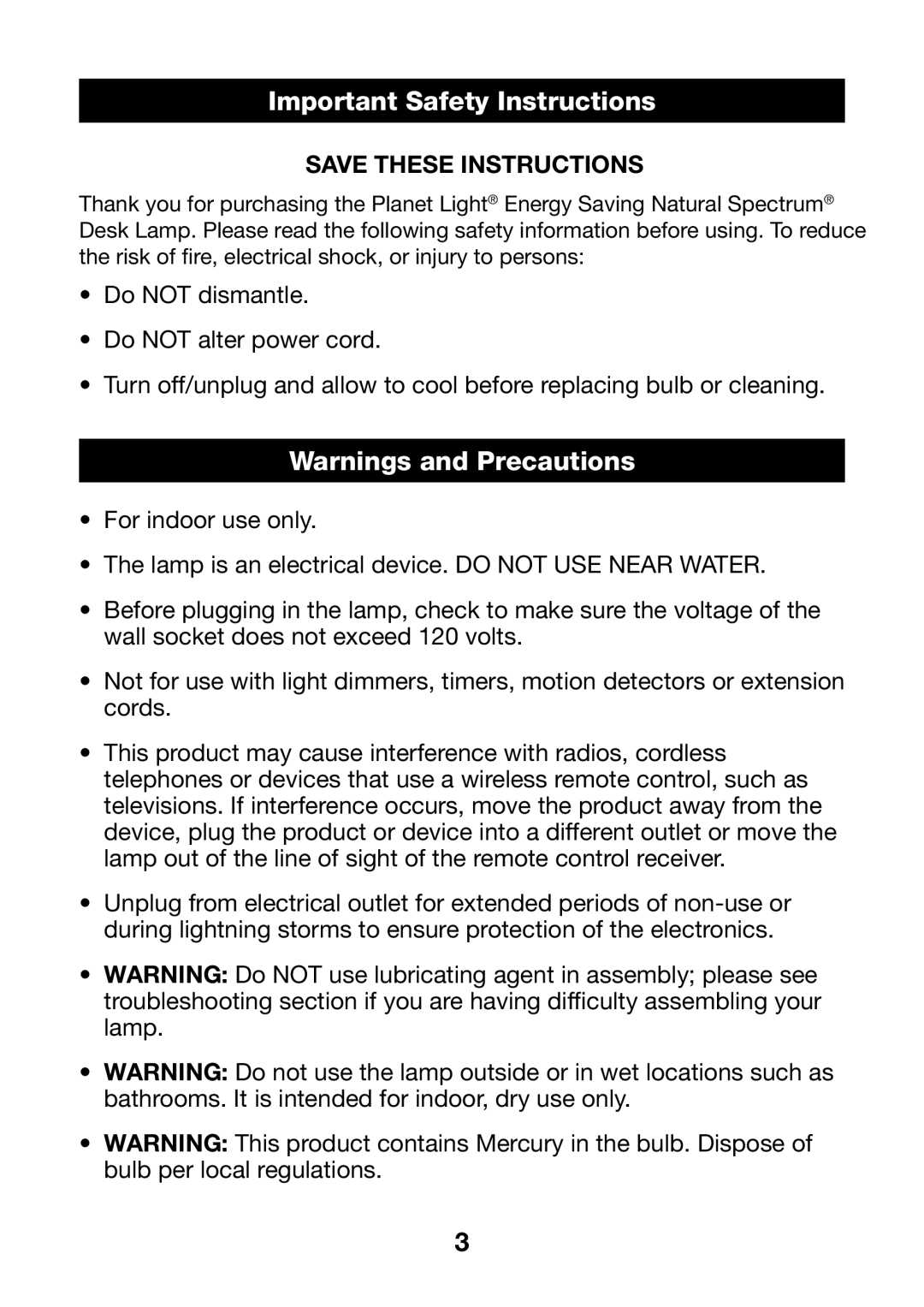 Verilux PL03 manual Important HEADERSafetyInstructions 