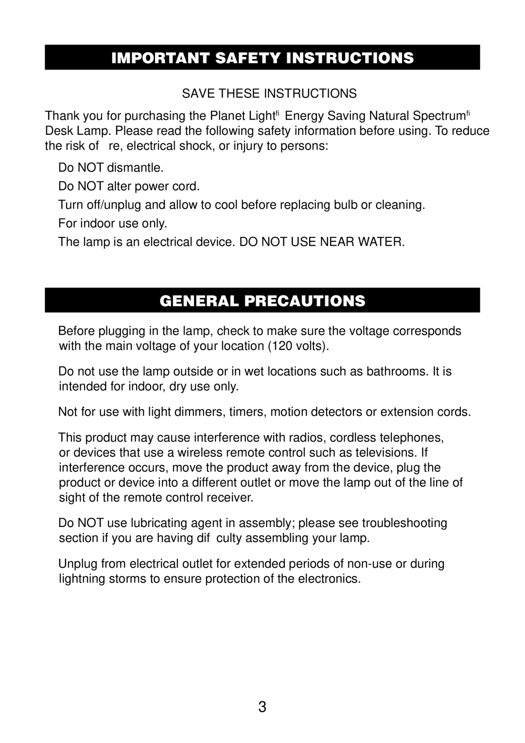 Verilux PL03 manual Important Safetyheaderinstructions, General Precautions 