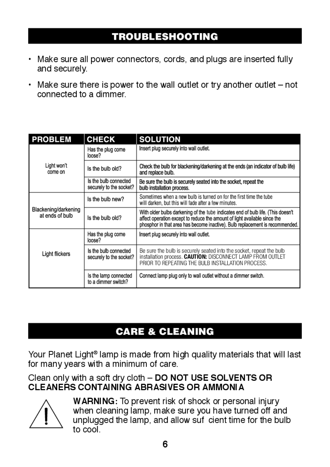 Verilux PL03 manual Troubleshooting, Care & Cleaning 