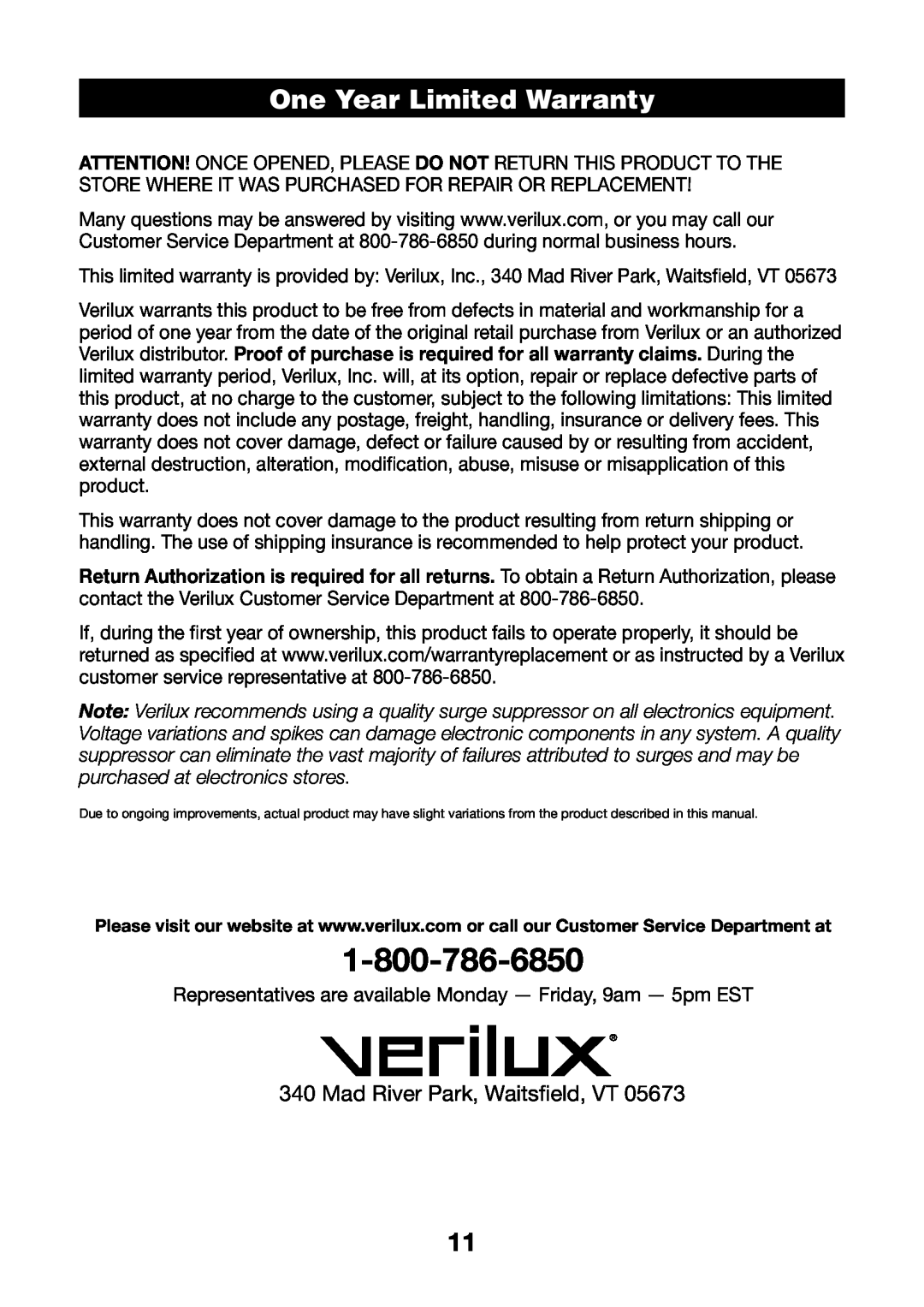 Verilux PL03 manual One Year Limited Warranty, Mad River Park, Waitsfield, VT 