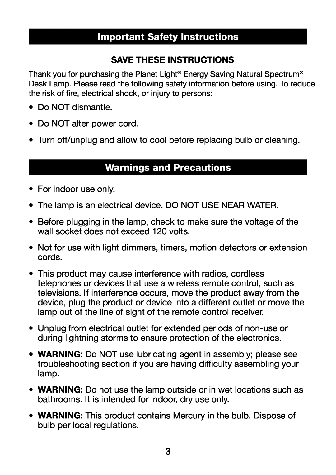 Verilux PL03 manual Important HEADERSafetyInstructions, Warnings and Precautions, Save These Instructions 