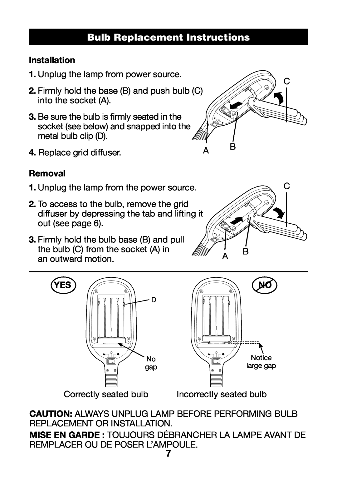 Verilux PL03 manual Bulb Replacement Instructions, Installation, Removal 