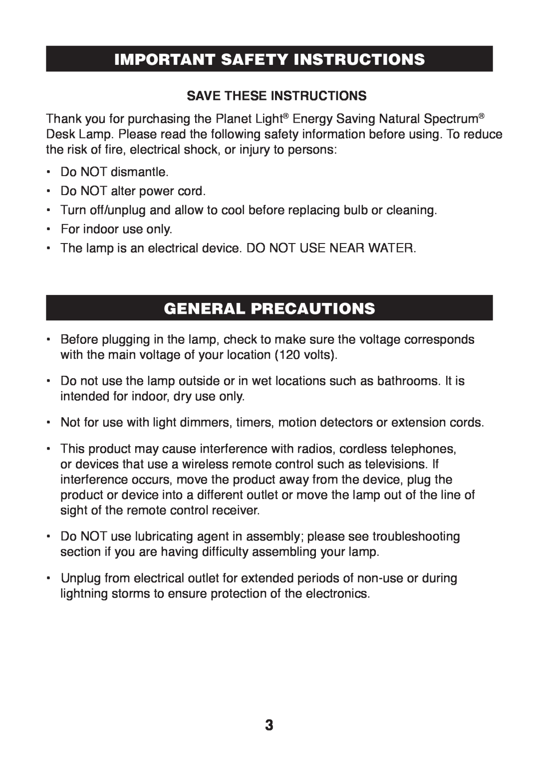 Verilux PL03 manual Important Safetyheaderinstructions, General Precautions, Save These Instructions 