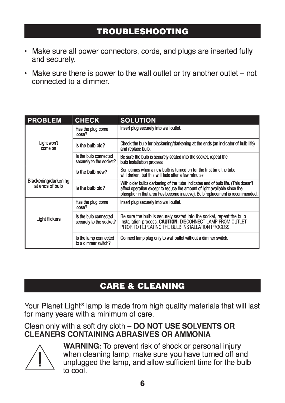 Verilux PL03 manual Troubleshooting, Care & Cleaning, Cleaners Containing Abrasives Or Ammonia 