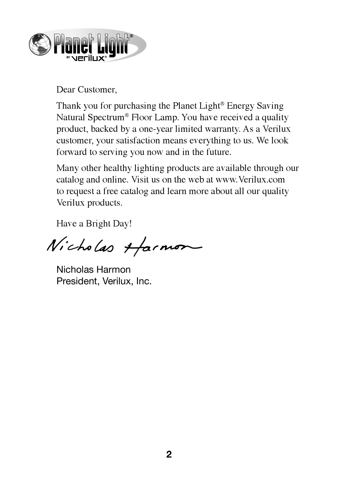 Verilux PL04 manual Nicholas Harmon President, Verilux, Inc 