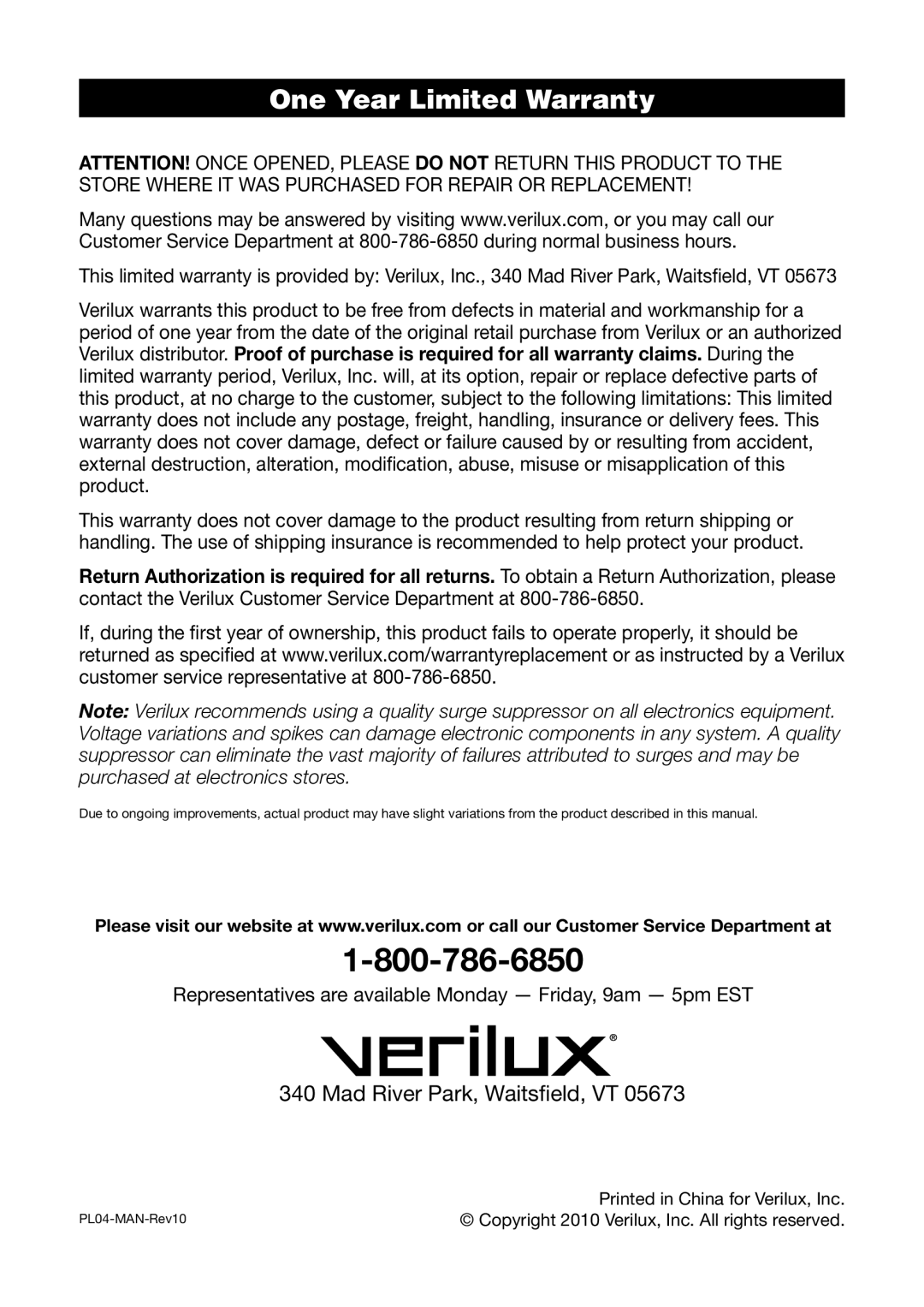 Verilux PL04 manual One Year Limited Warranty 