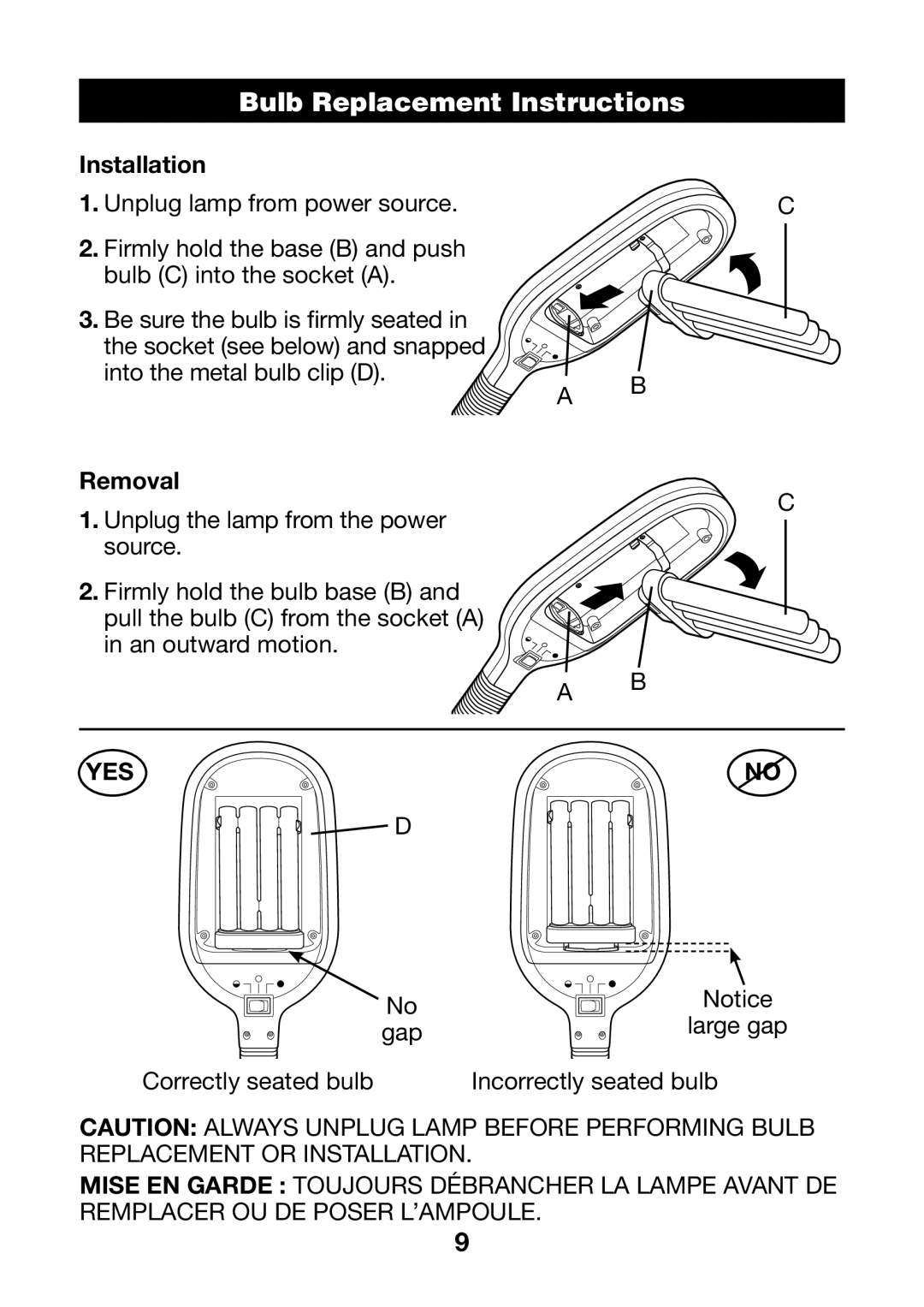 Verilux PL04 manual Bulb ReplacementHEADERInstructions, Installation, Removal 