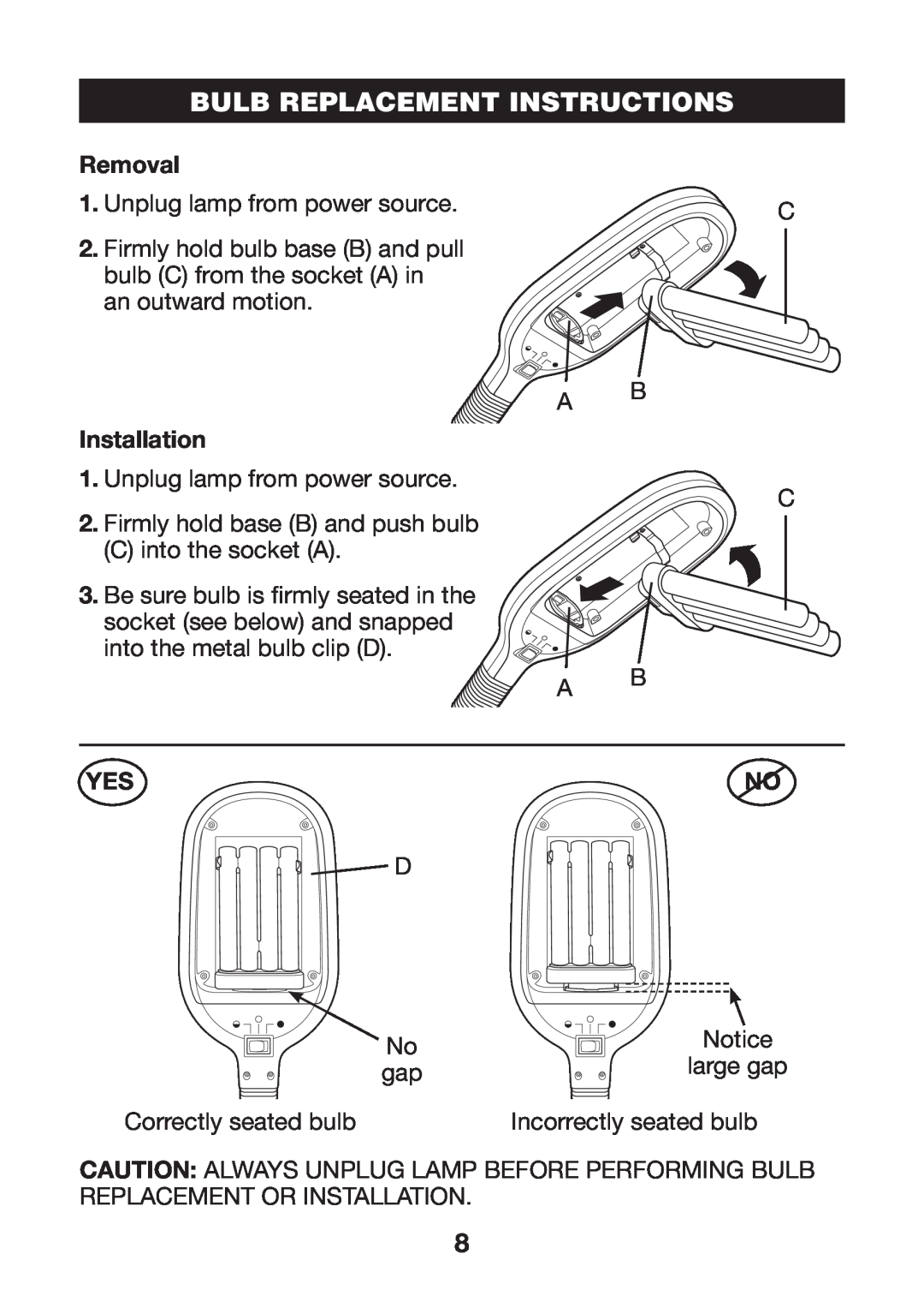 Verilux PL04 manual Bulb Replacement Instructions, Removal, Installation 