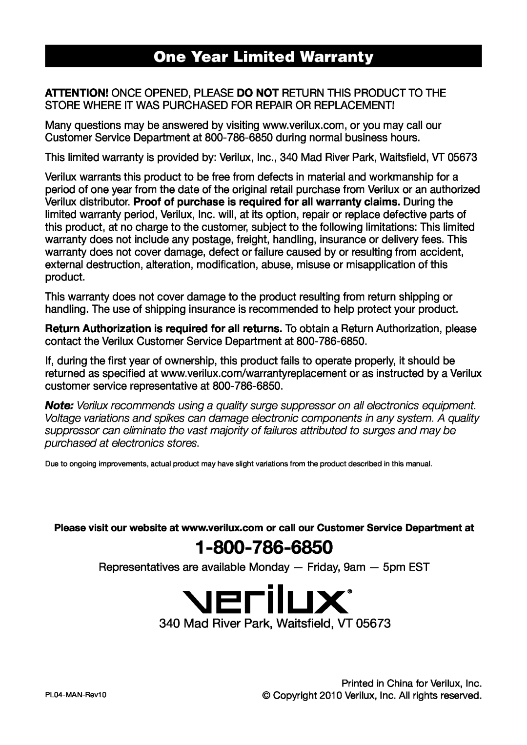 Verilux PL04 manual One Year Limited Warranty, Mad River Park, Waitsfield, VT 