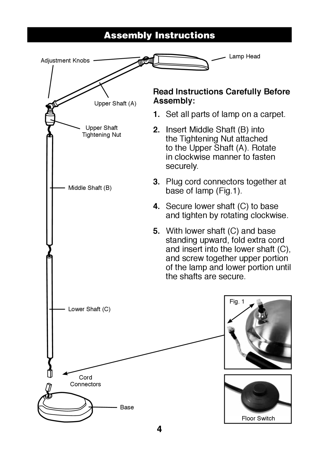 Verilux PL05 manual Assembly Instructions, Read Instructions Carefully Before Assembly 