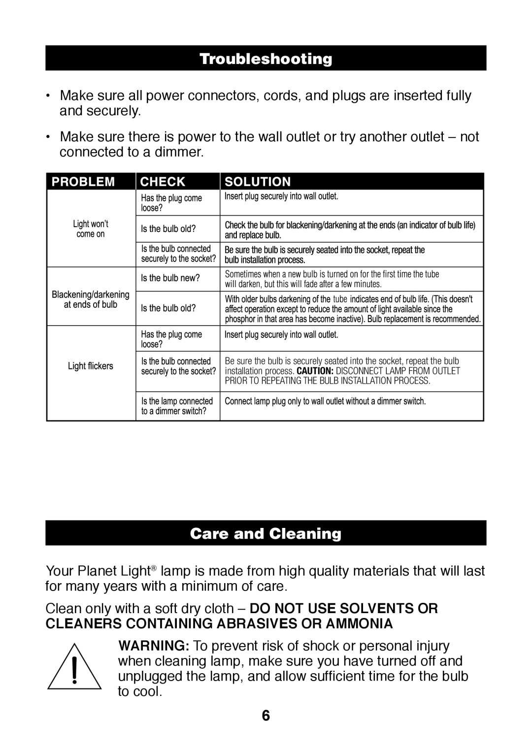 Verilux PL05 manual Troubleshooting, Care and Cleaning 