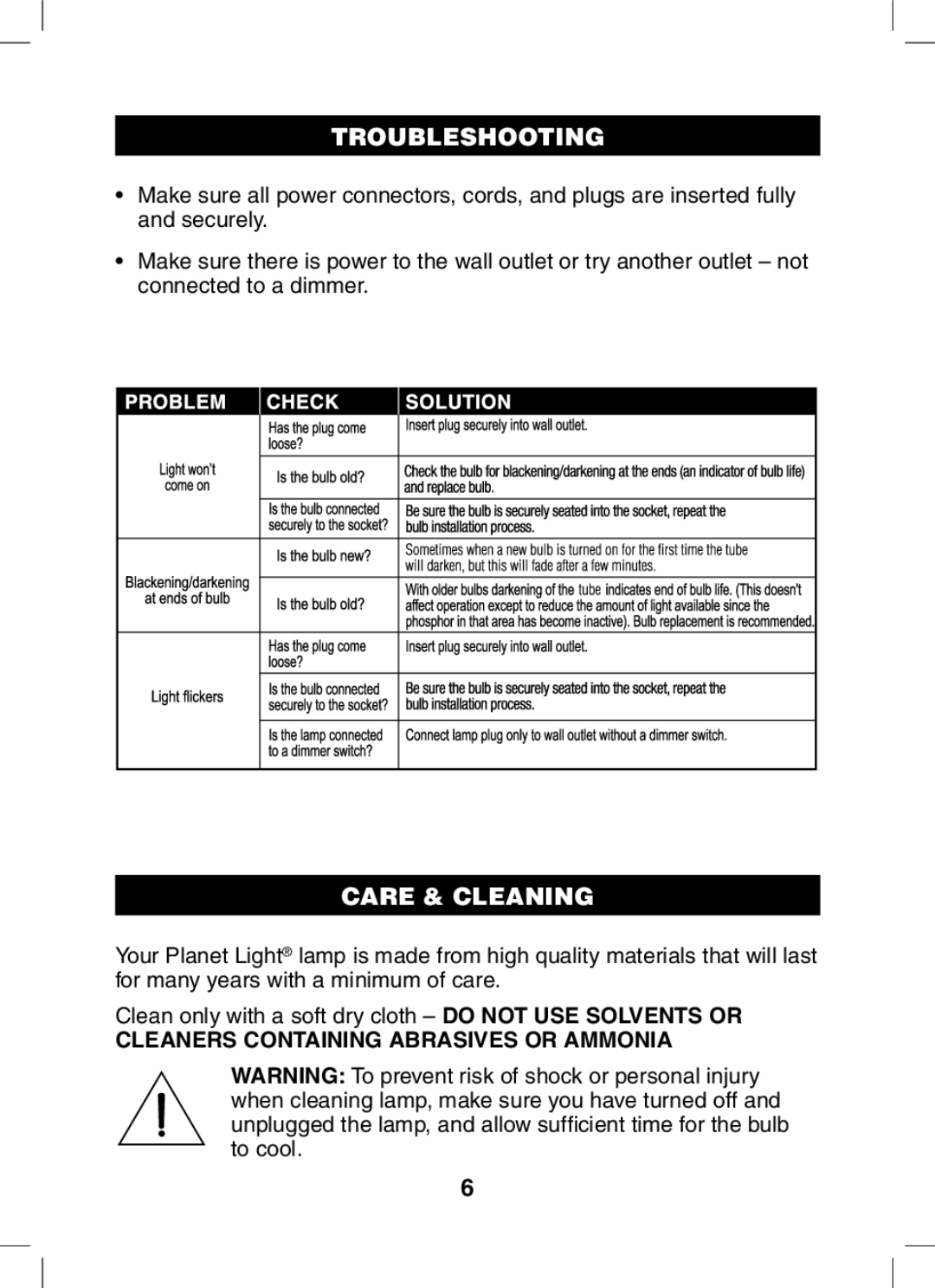 Verilux PL05 manual Troubleshooting, Care & Cleaning 