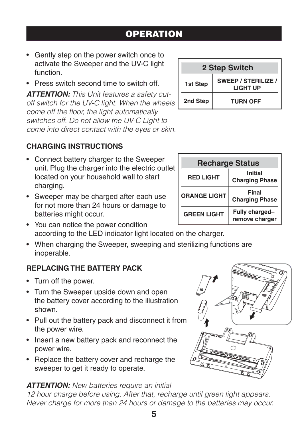 Verilux UV-C manual Operation, Step Switch 