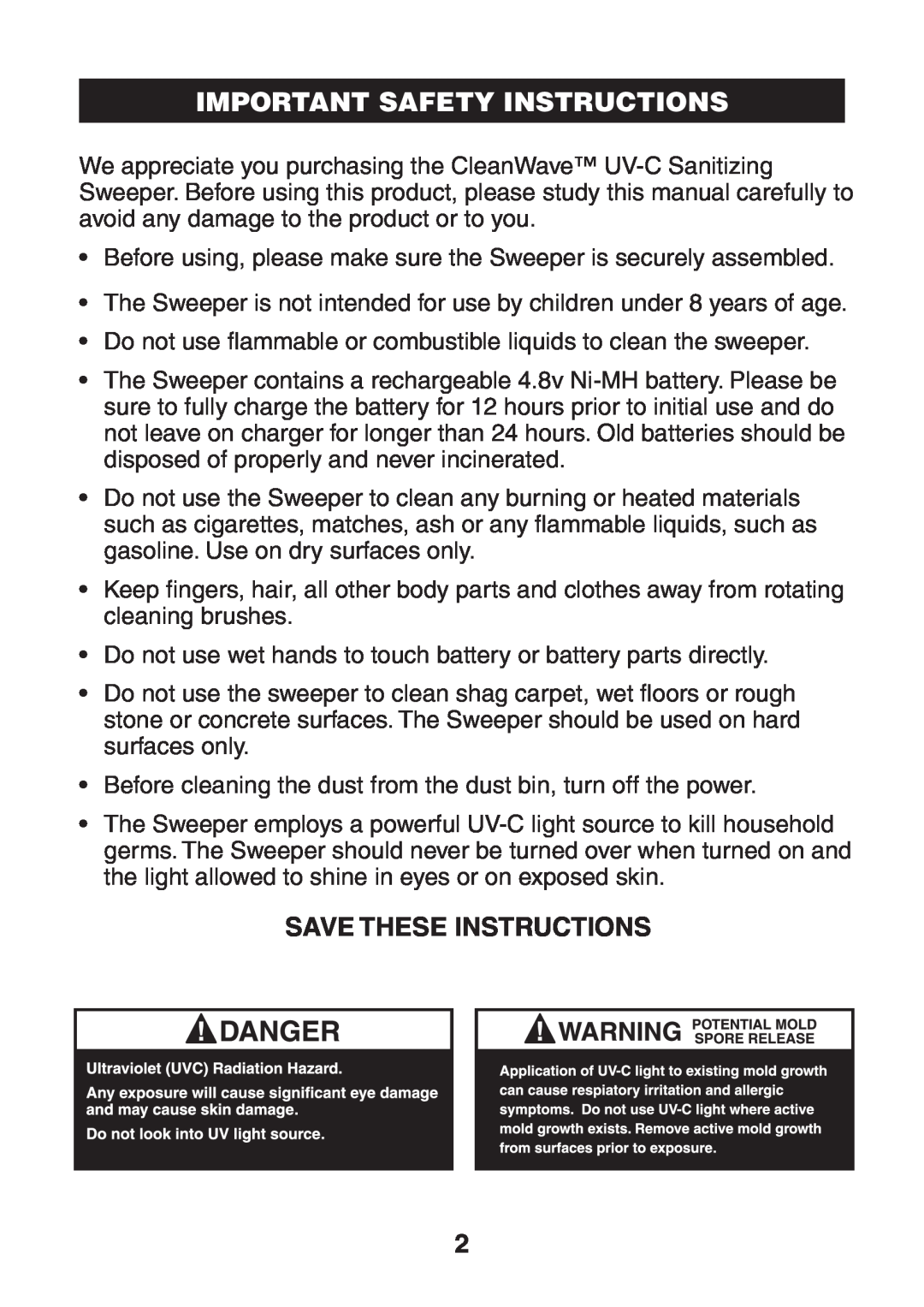 Verilux UV-C manual Important Safety Instructions, Save These Instructions 