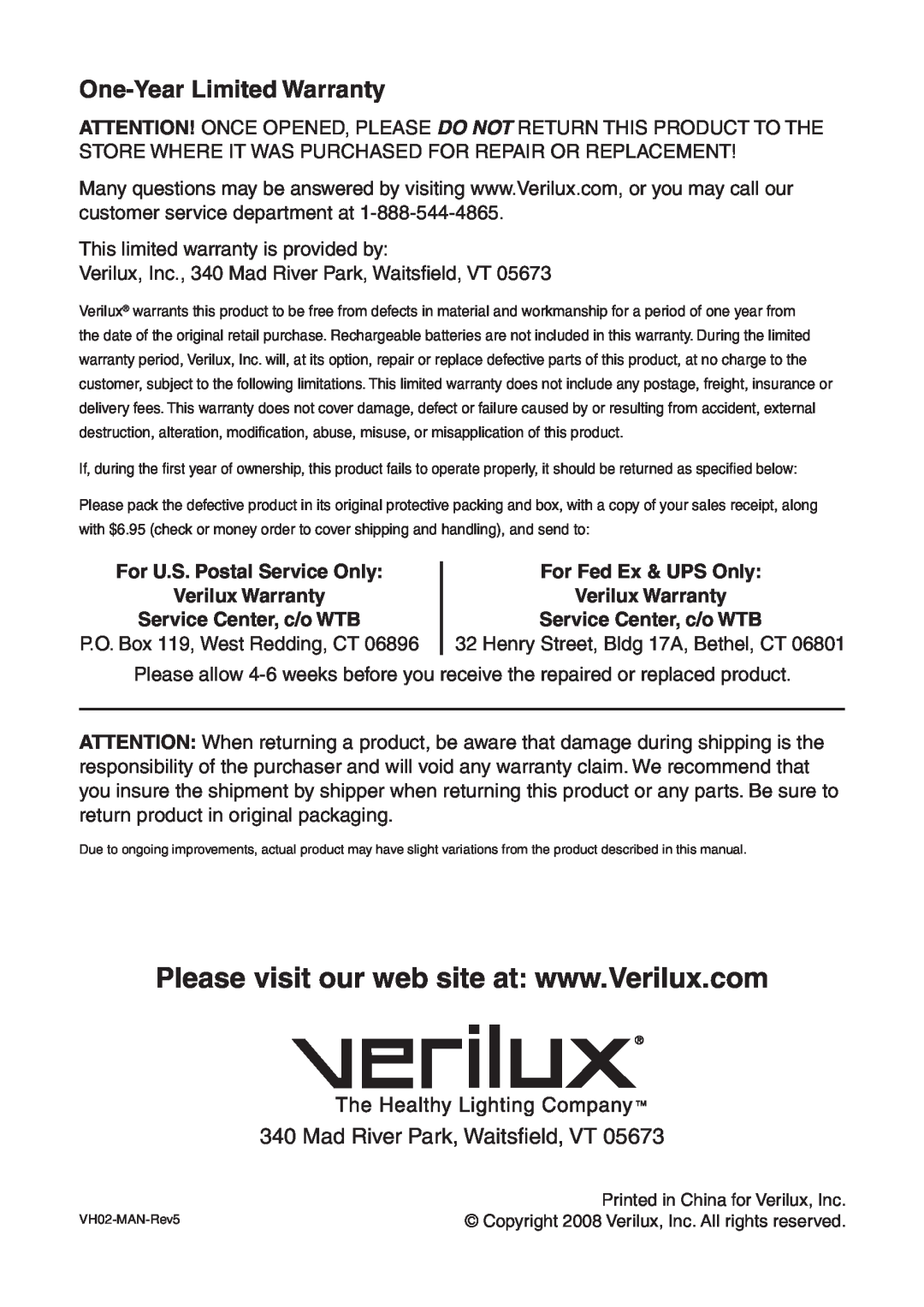 Verilux UV-C manual One-YearLimited Warranty, For U.S. Postal Service Only Verilux Warranty, Service Center, c/o WTB 