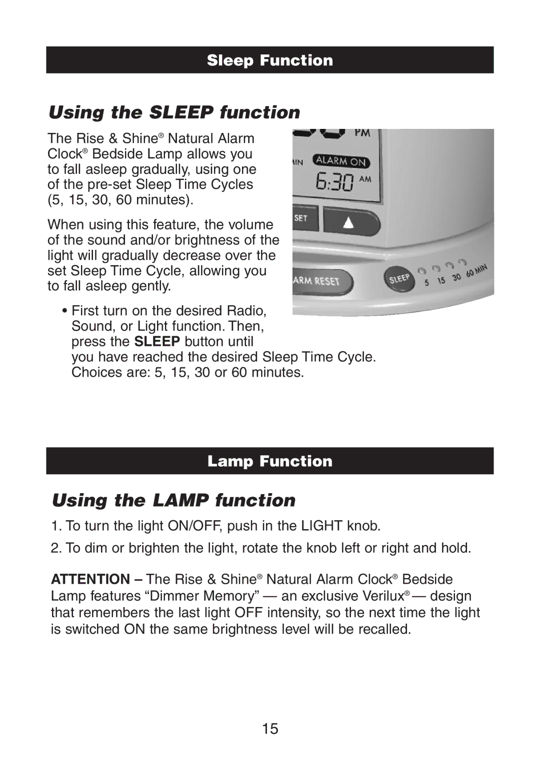 Verilux VA02 instruction manual Using the Sleep function, Using the Lamp function, Sleep Function, Lamp Function 