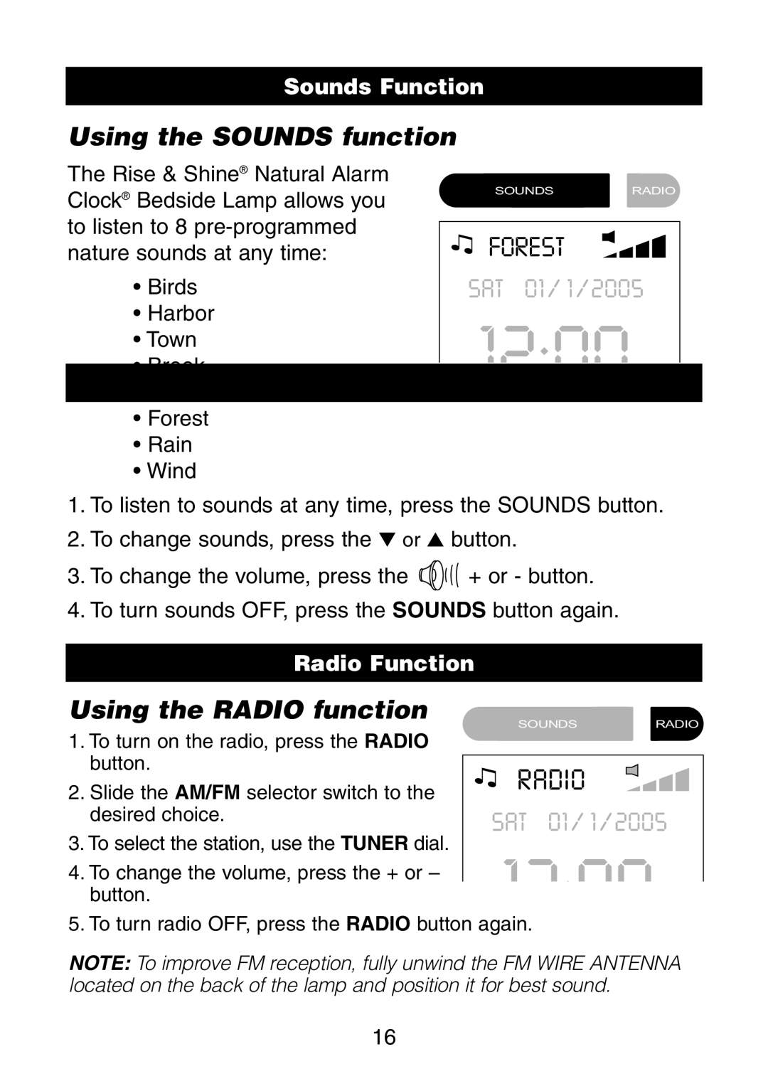 Verilux VA02 instruction manual Using the Sounds function, Using the Radio function, Sounds Function, Radio Function 