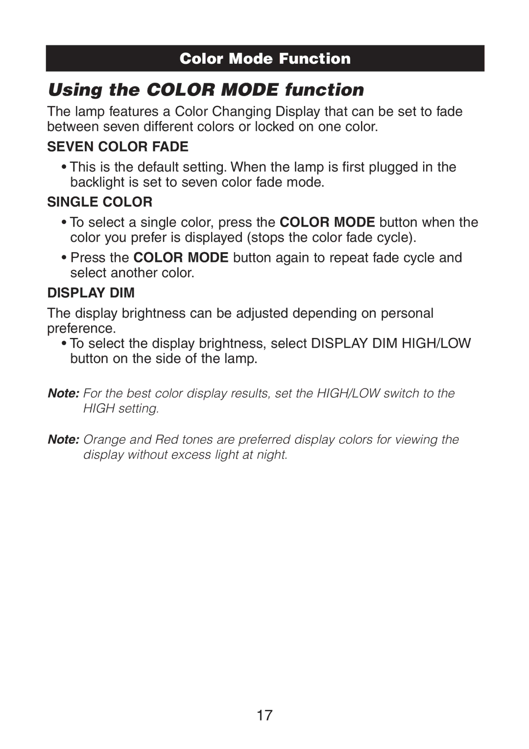 Verilux VA02 instruction manual Using the Color Mode function, Color Mode Function 