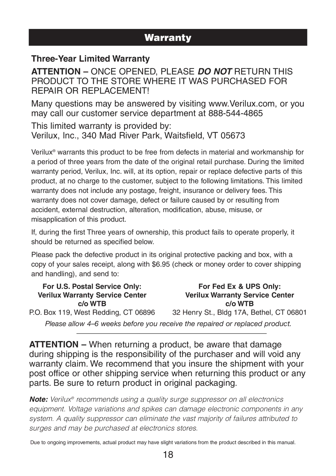 Verilux VA02 instruction manual Three-Year Limited Warranty 