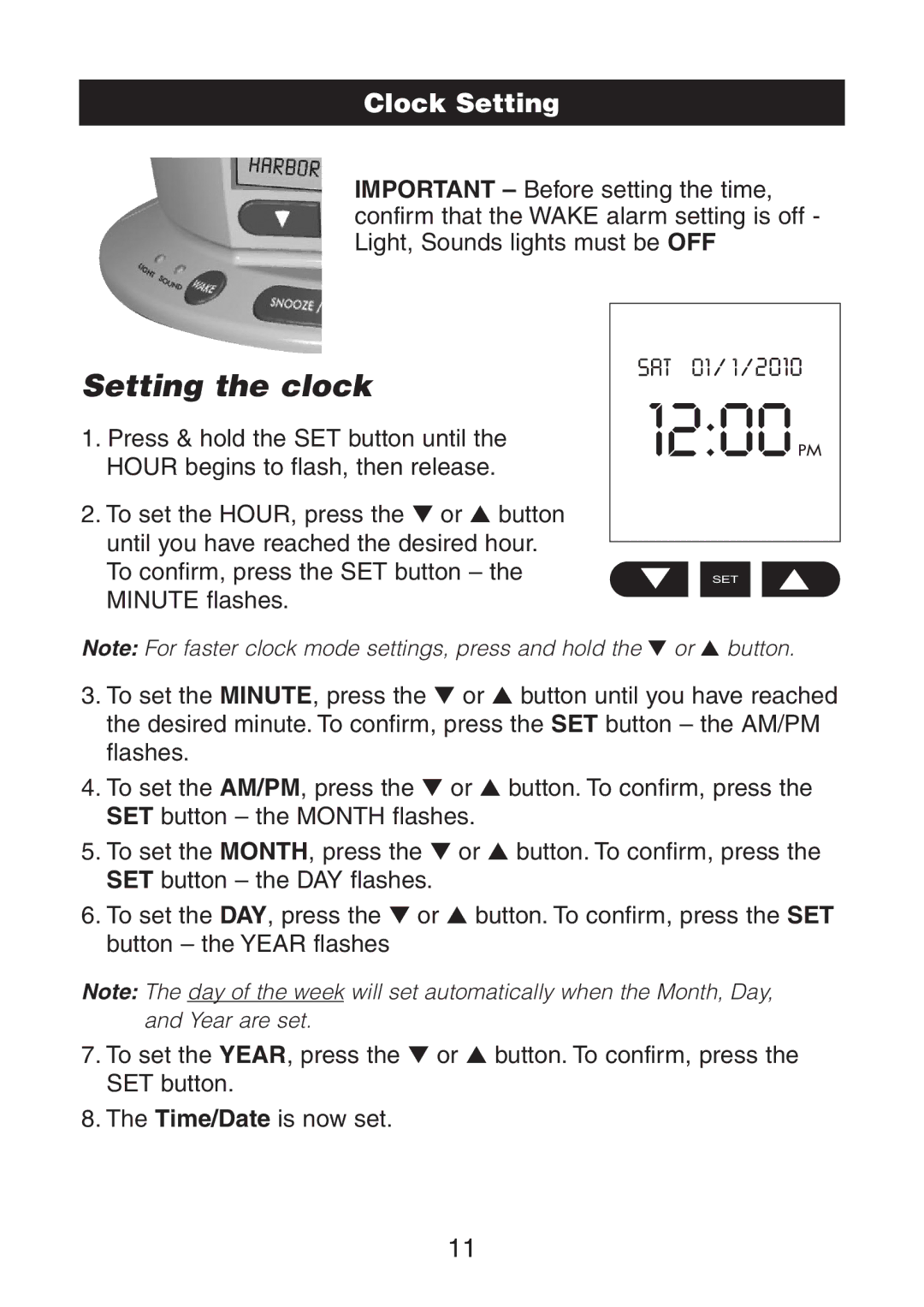 Verilux VA02 instruction manual Setting the clock, Clock Setting 