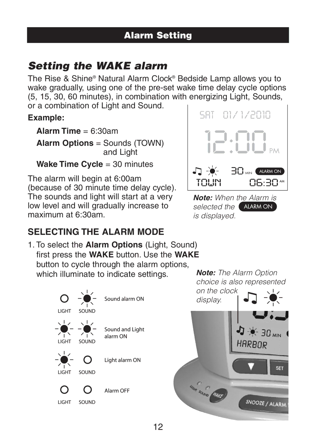 Verilux VA02 instruction manual Setting the Wake alarm, Alarm Setting 