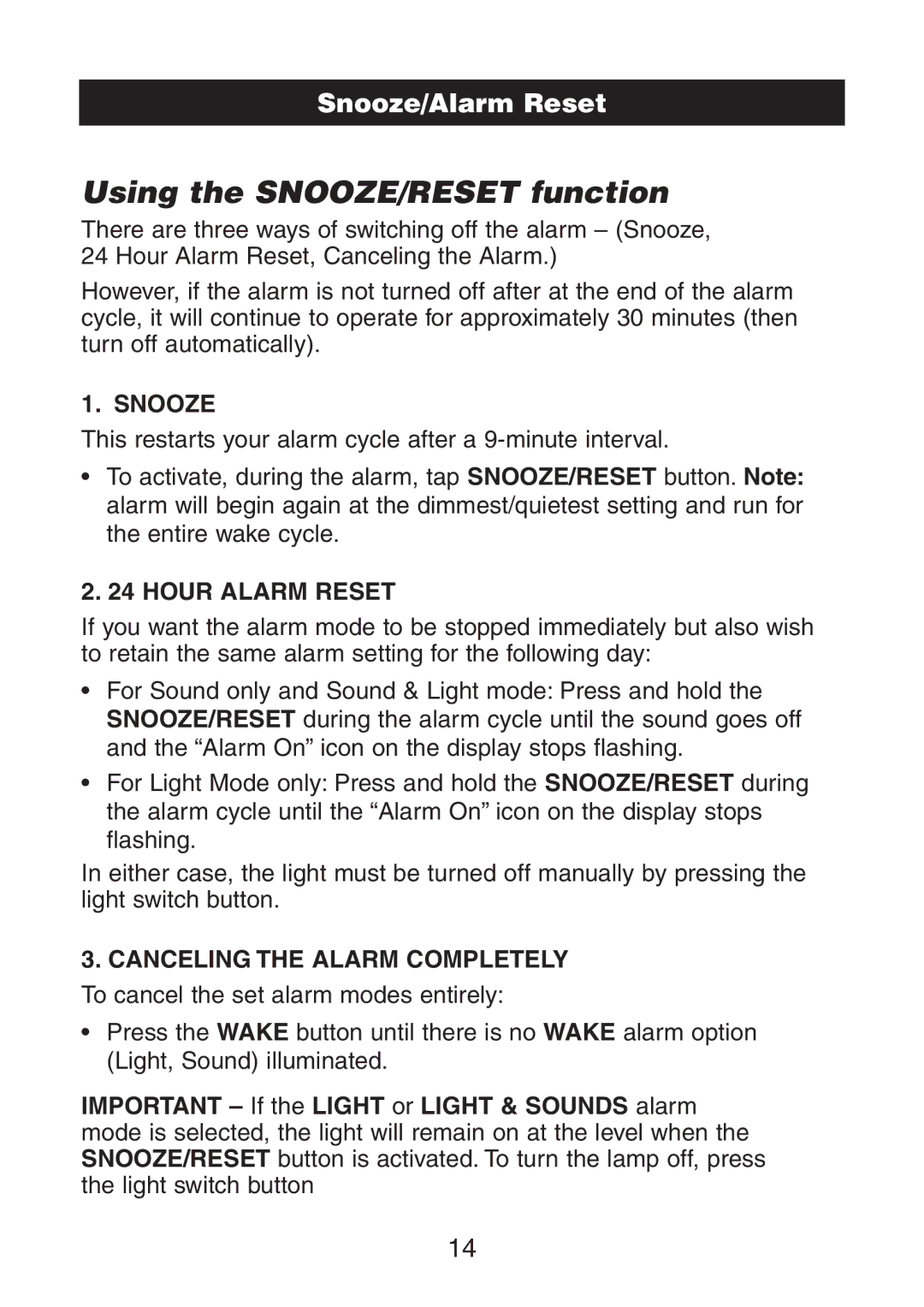 Verilux VA02 instruction manual Using the SNOOZE/RESET function, Snooze/Alarm Reset 