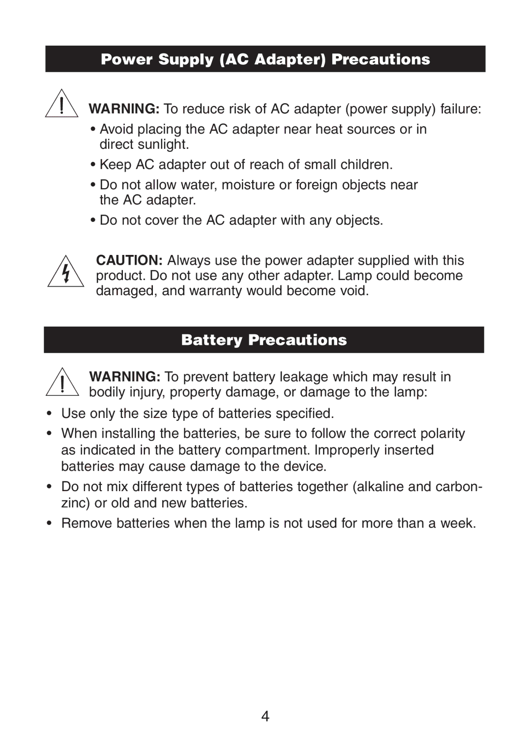 Verilux VA02 instruction manual Power Supply AC Adapter Precautions, Battery Precautions 