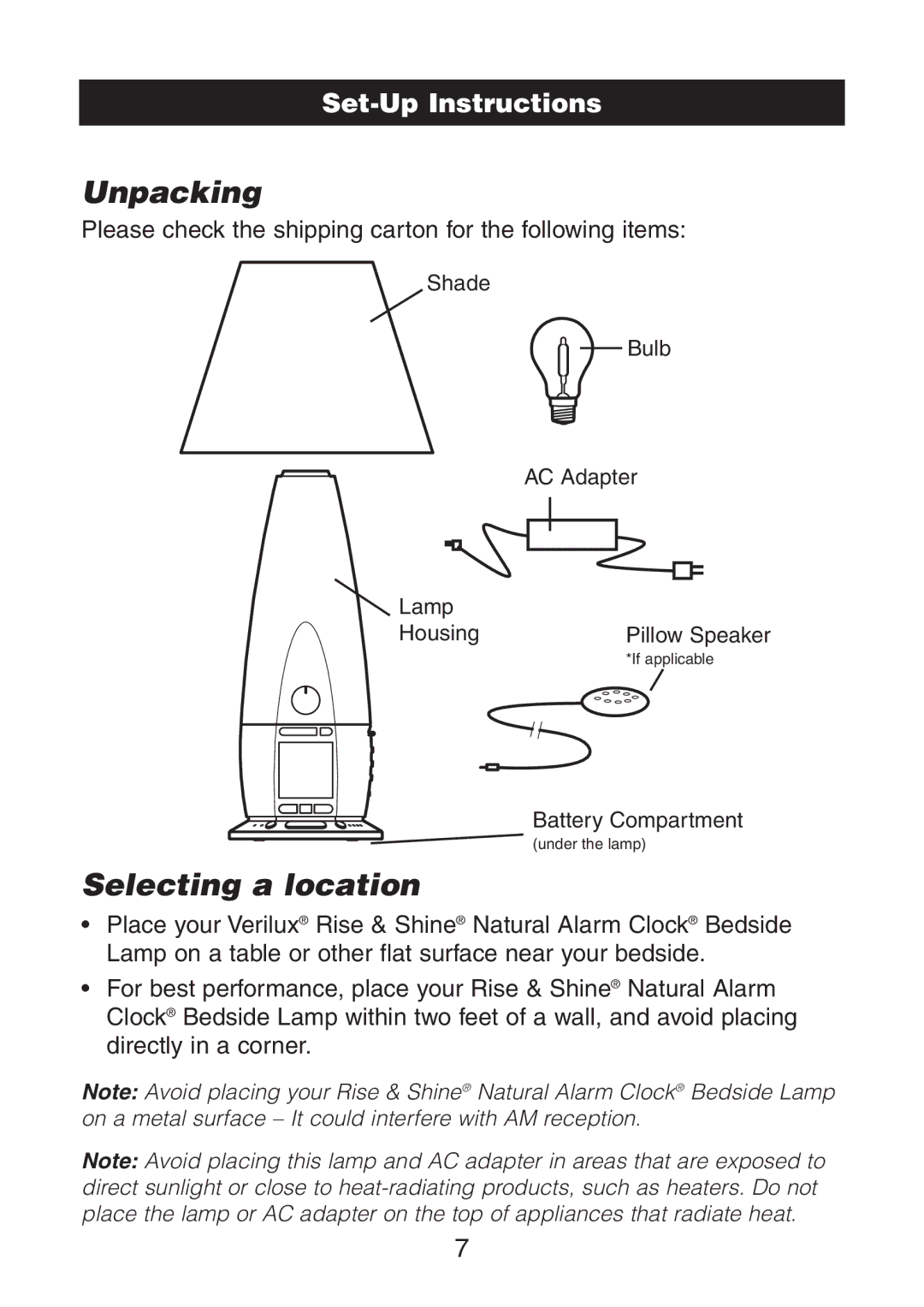 Verilux VA02 instruction manual Unpacking, Selecting a location, Set-Up Instructions 