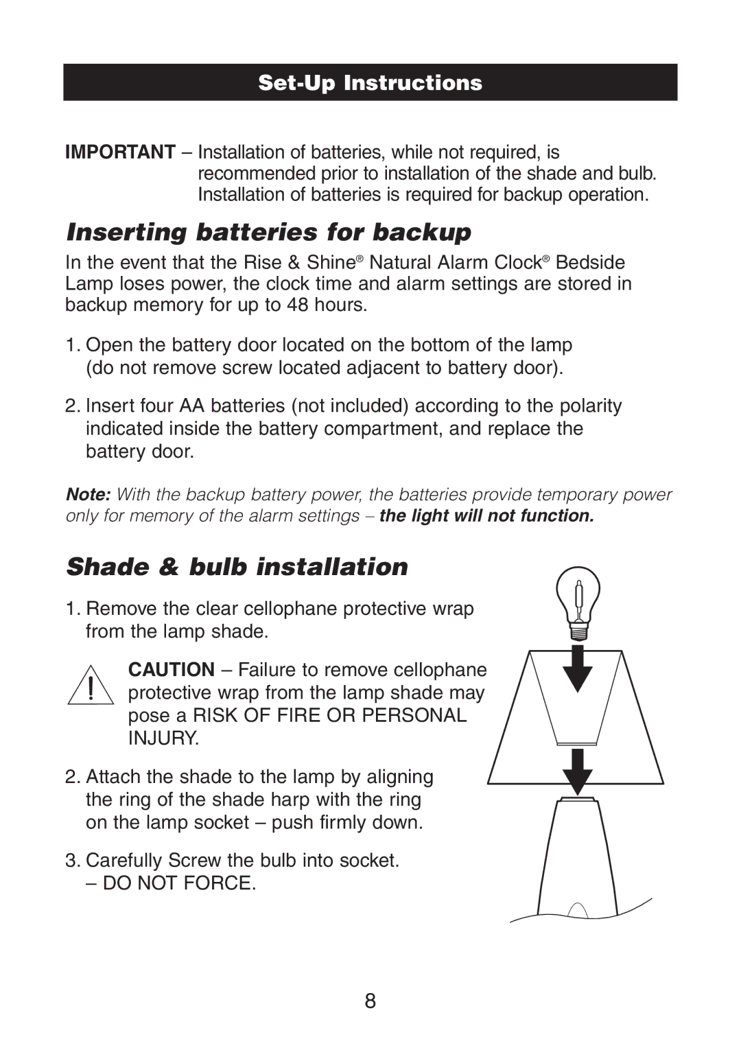 Verilux VA02 instruction manual Inserting batteries for backup, Shade & bulb installation 