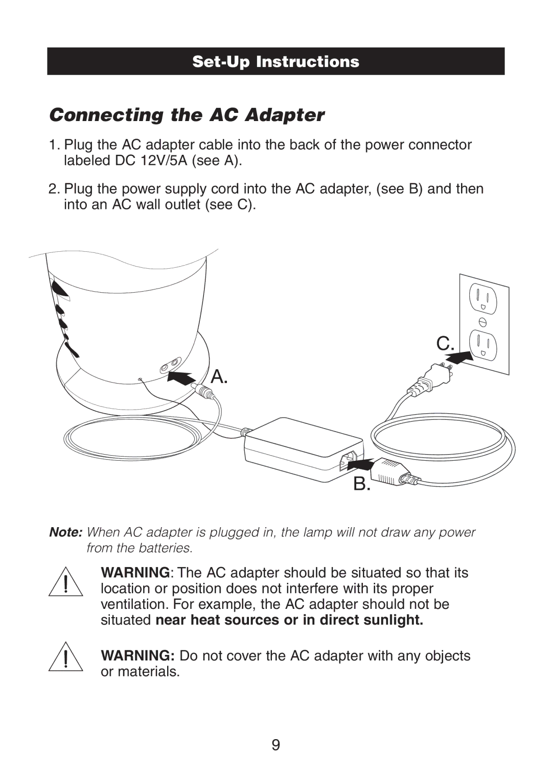 Verilux VA02 instruction manual Connecting the AC Adapter 