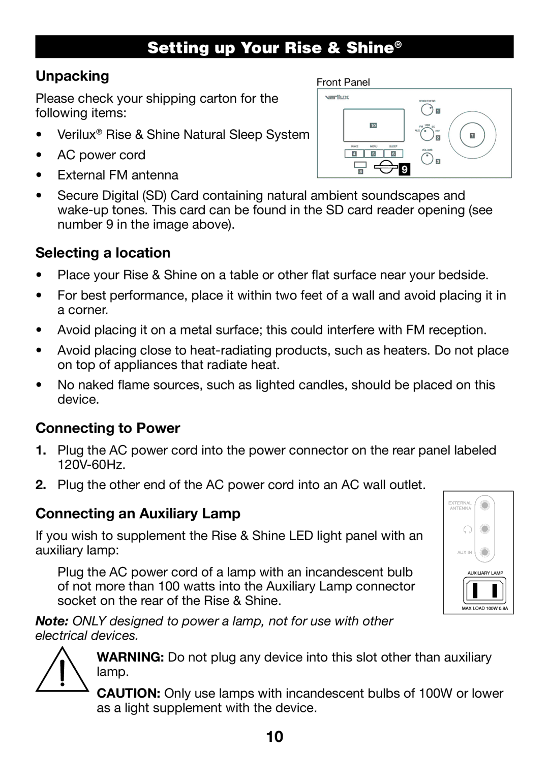 Verilux VA04 manual Setting up Your Rise & Shine, Unpacking, Selecting a location, Connecting to Power 