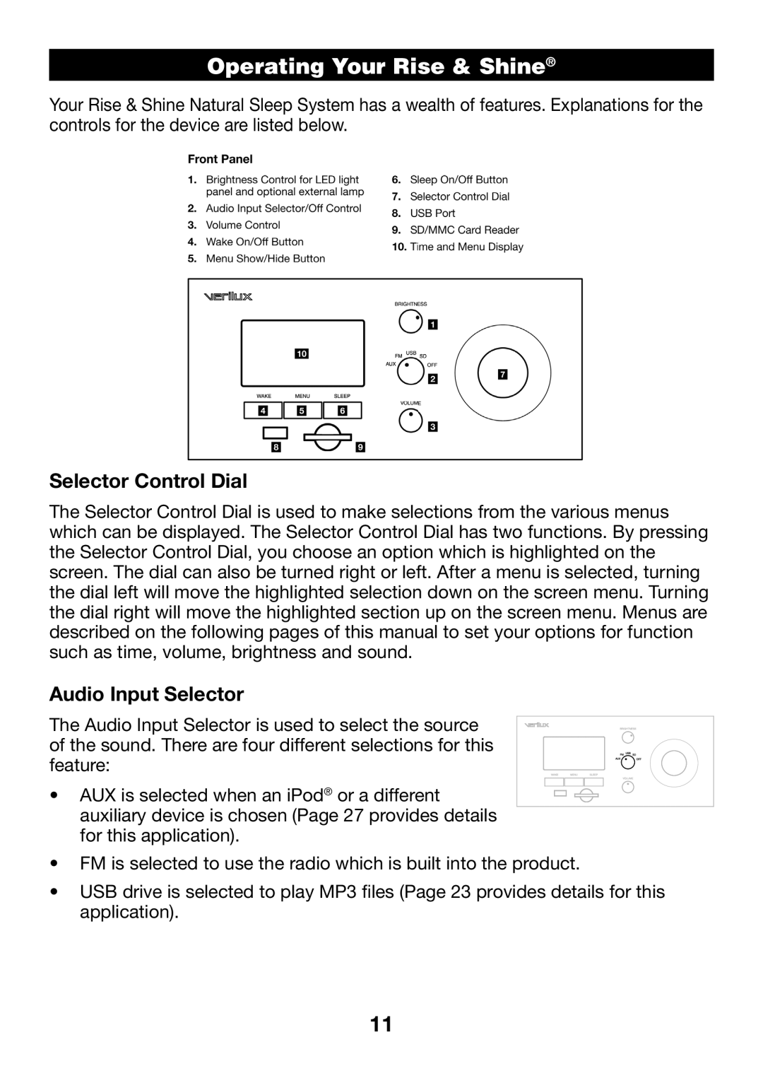 Verilux VA04 manual Operating Your Rise & Shine, Selector Control Dial, Audio Input Selector 