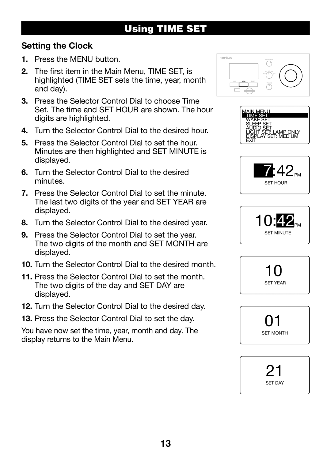 Verilux VA04 manual Trouble ShootingUsingTIMESanitizingSET Wand, Setting the Clock 