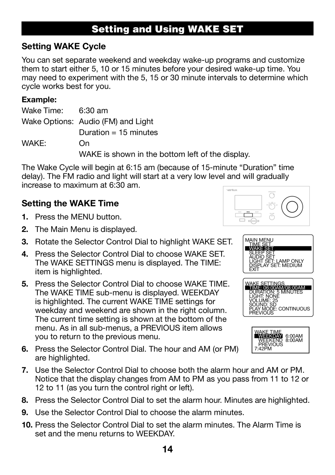 Verilux VA04 manual Setting Wake Cycle, Setting the Wake Time 