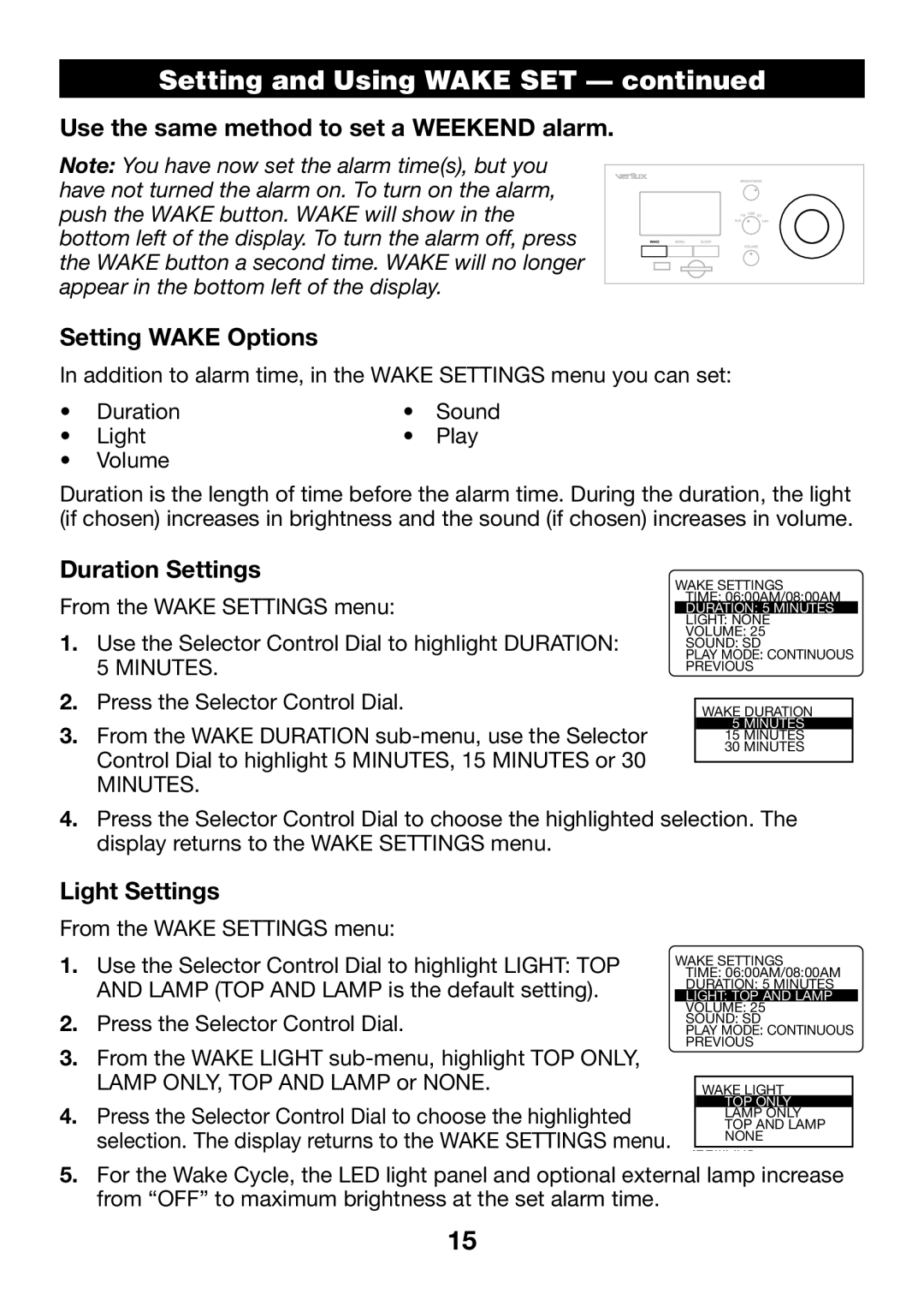 Verilux VA04 manual Duration Settings, Light Settings 