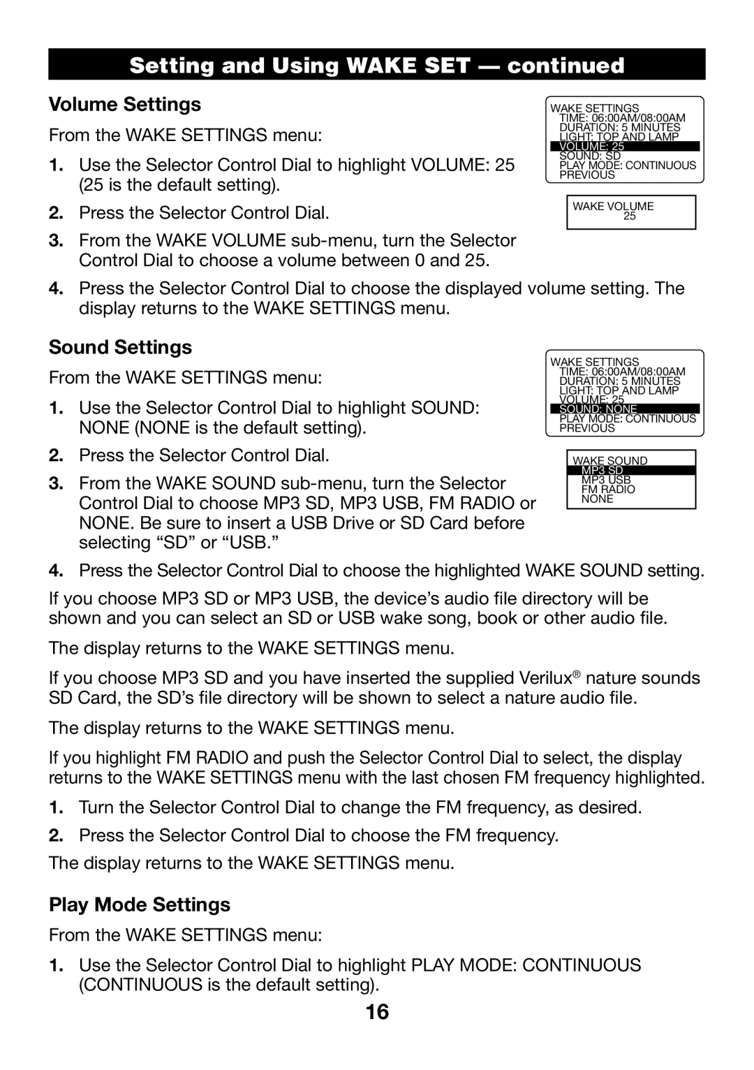 Verilux VA04 manual Volume Settings, Sound Settings, Play Mode Settings 