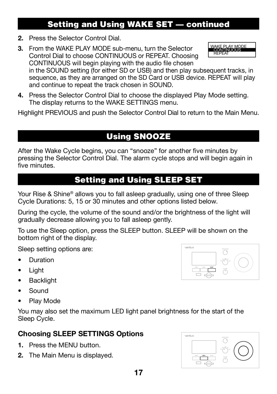 Verilux VA04 manual Using Snooze, Setting and Using Sleep SET, Choosing Sleep Settings Options 