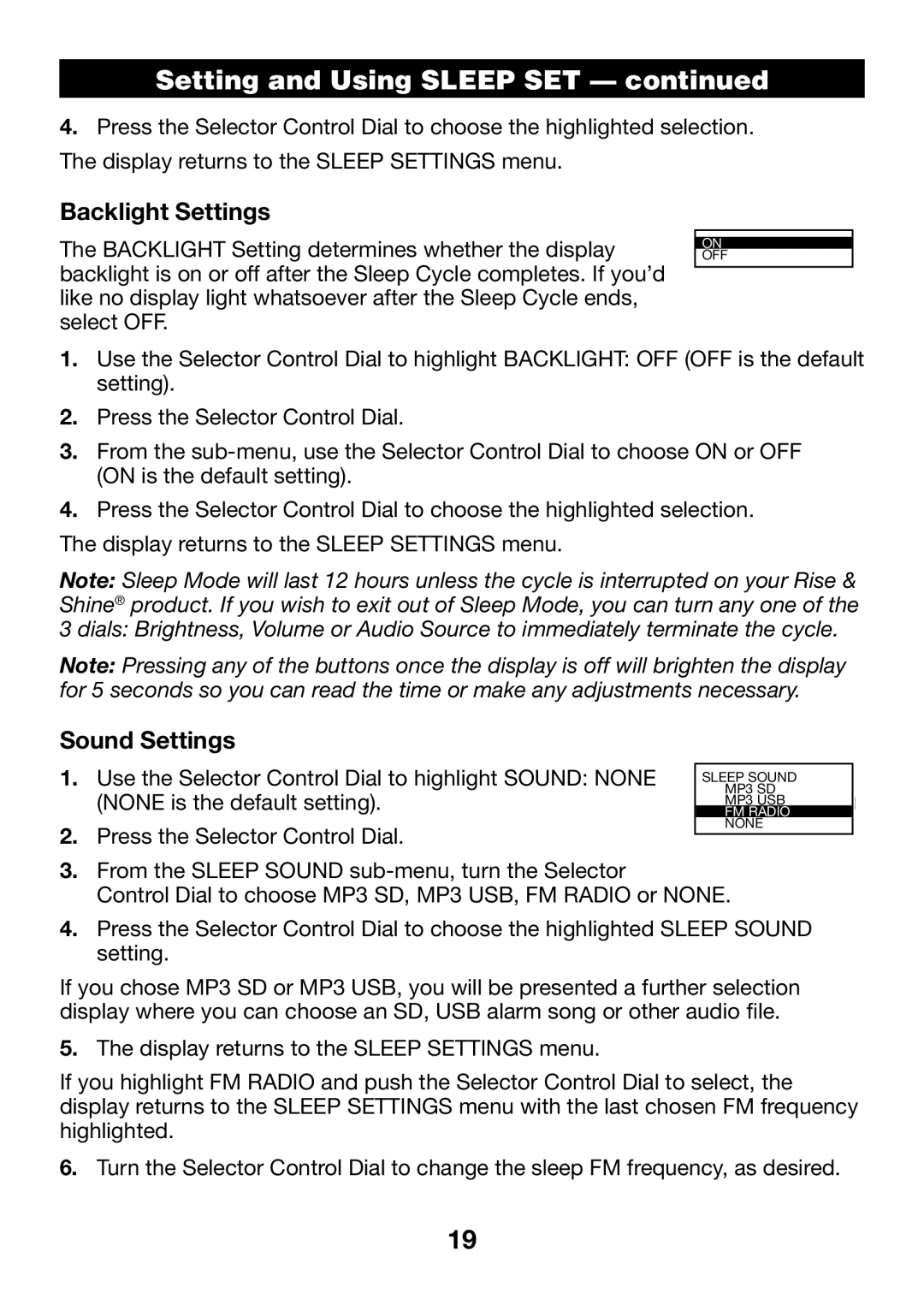 Verilux VA04 manual Backlight Settings, Sound Settings 