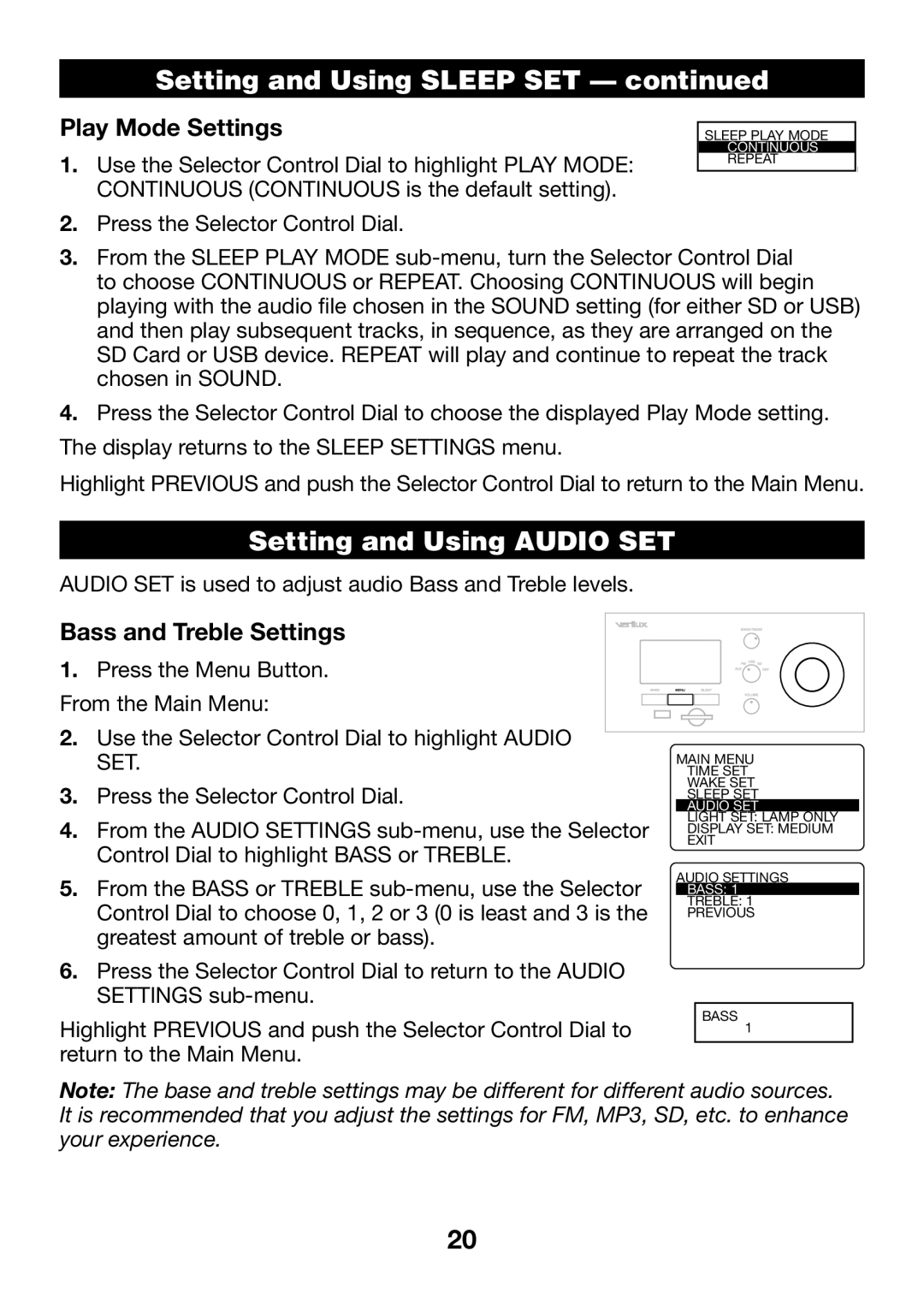 Verilux VA04 manual Setting and Using Audio SET, Bass and Treble Settings 