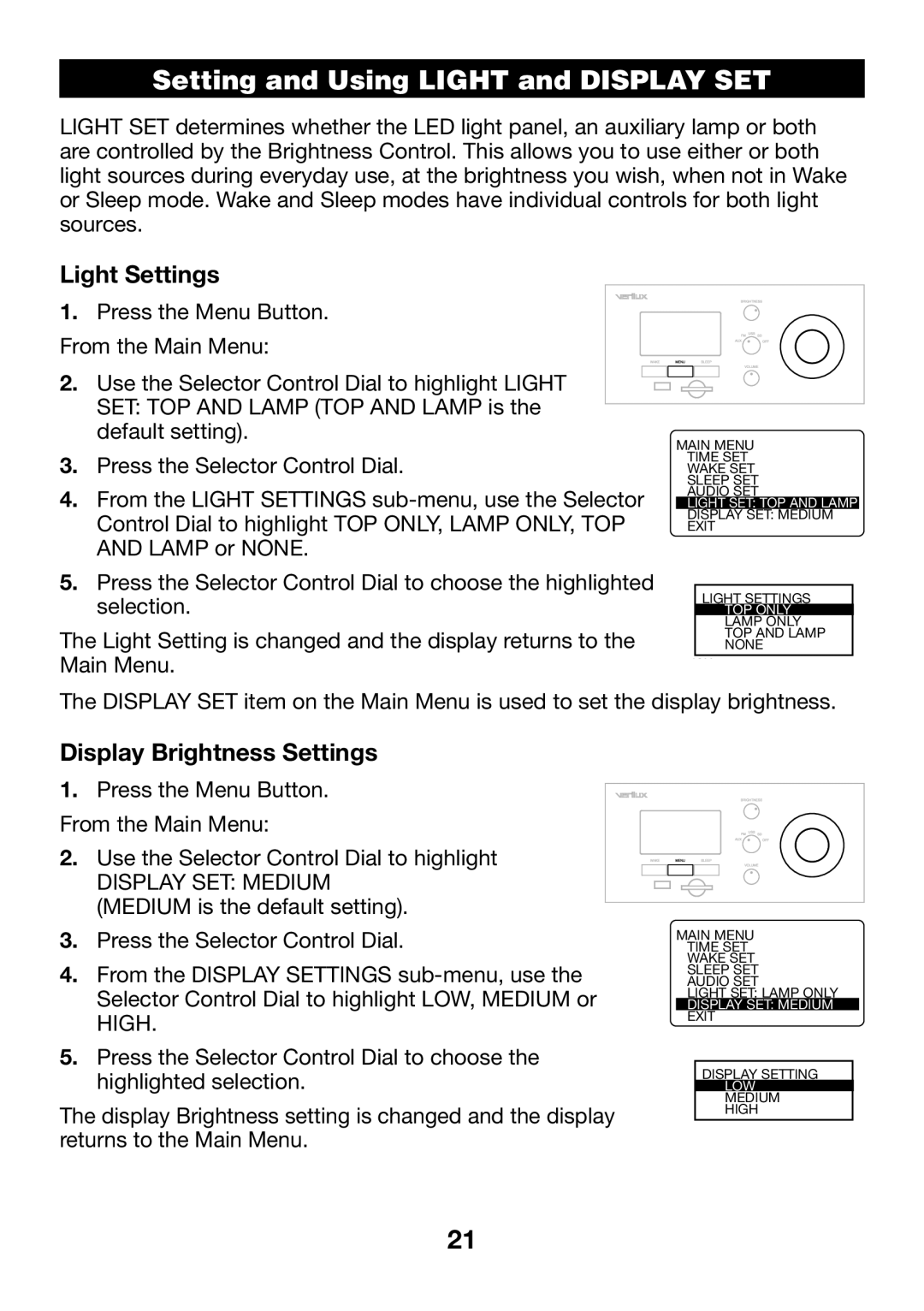 Verilux VA04 manual Light Settings, Display Brightness Settings 