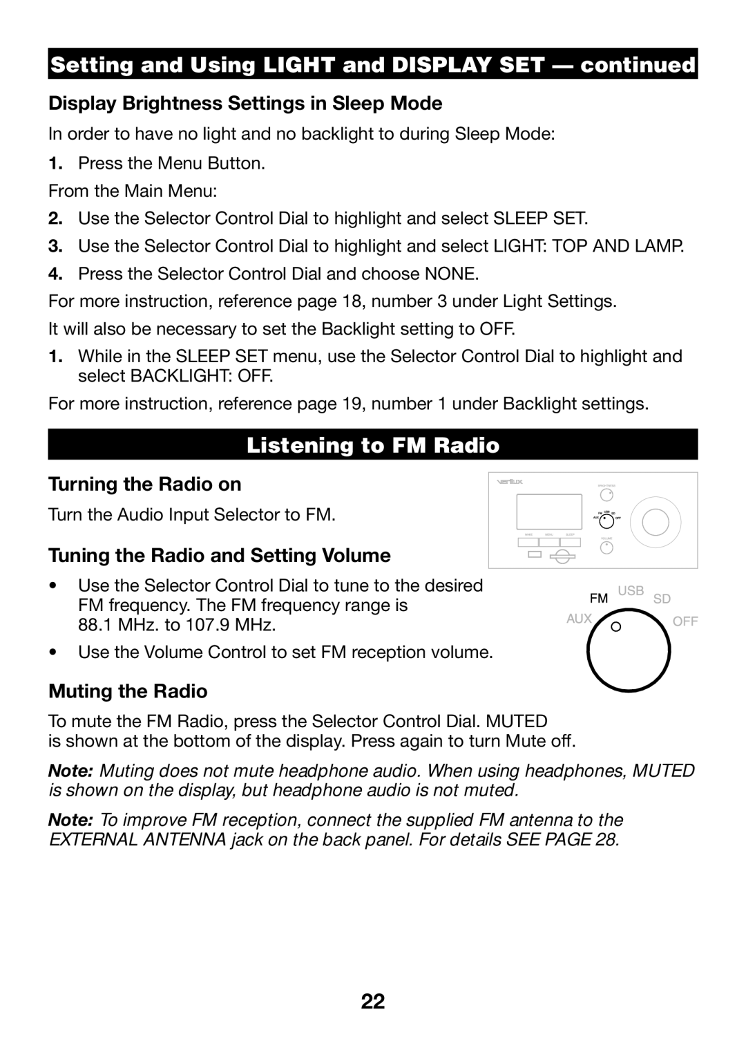 Verilux VA04 manual Setting and Using Light and Display SET, Listening to FM Radio 