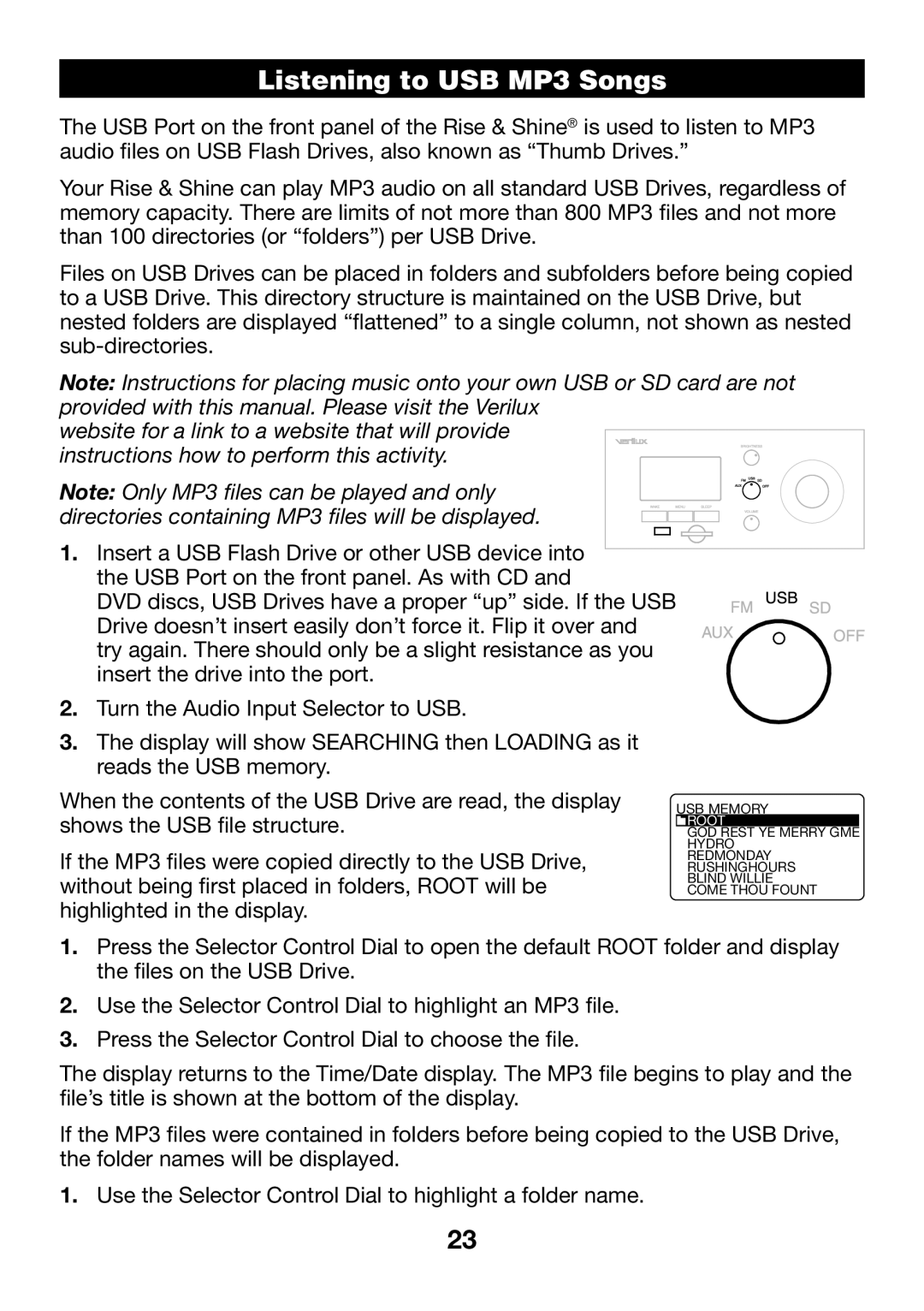 Verilux VA04 manual TroubleListningShootingto USBSanitizingMP3 SongsWand 