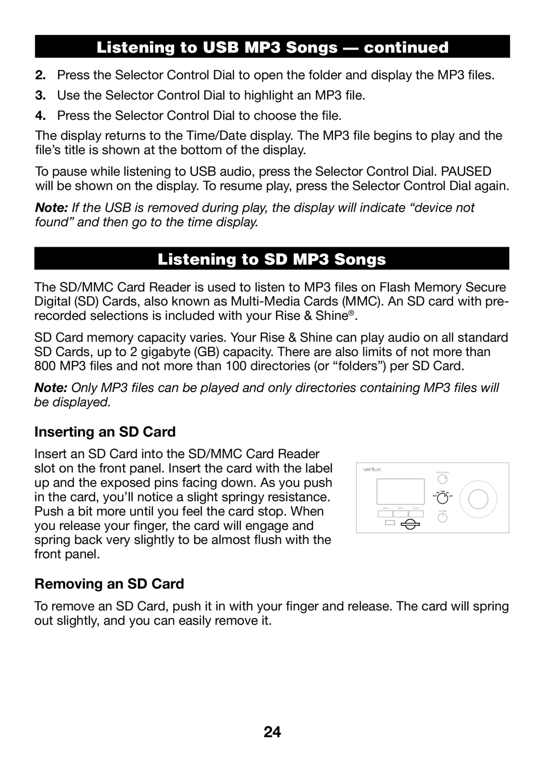 Verilux VA04 manual Listening to SD MP3 Songs, Inserting an SD Card, Removing an SD Card 