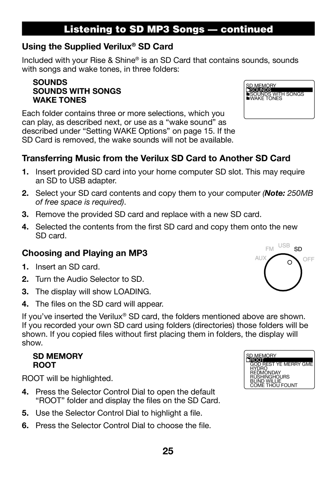 Verilux VA04 manual Using the Supplied Verilux SD Card, Choosing and Playing an MP3 