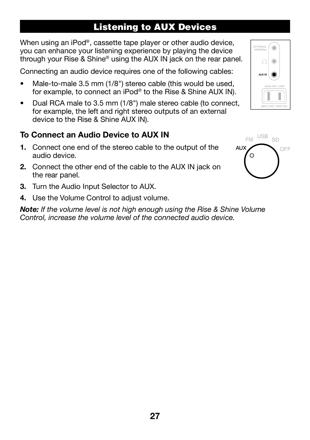 Verilux VA04 manual Listening to AUX Devices, To Connect an Audio Device to AUX 