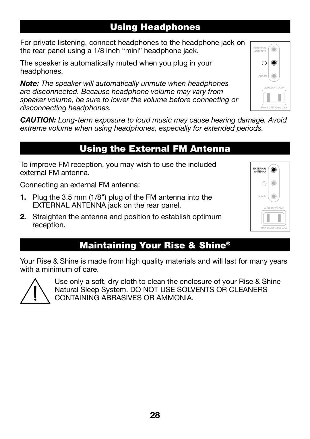 Verilux VA04 manual Using Headphones, Using the External FM Antenna, Maintaining Your Rise & Shine 