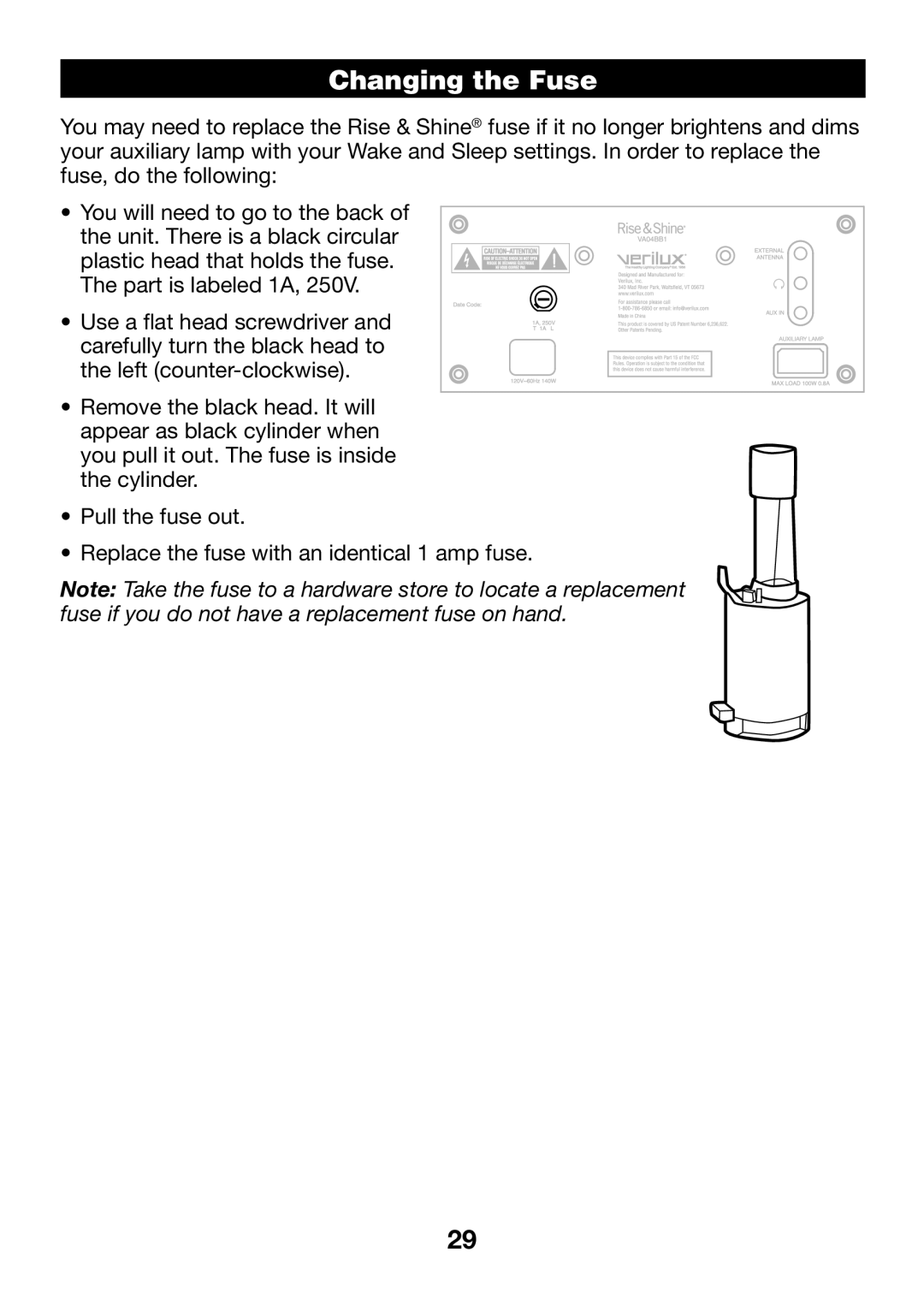 Verilux VA04 manual Changing the Fuse 