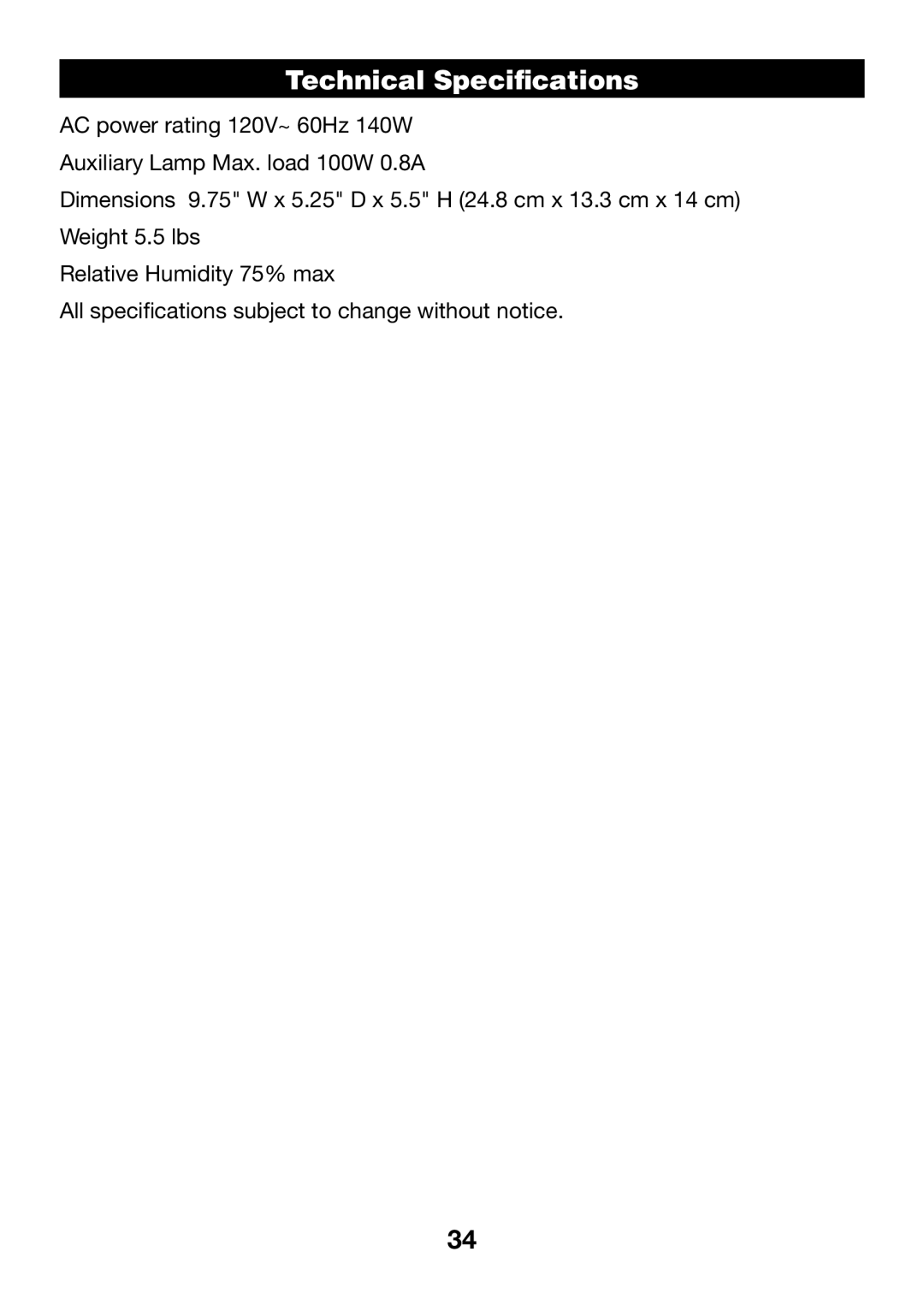 Verilux VA04 manual Technical Speciﬁcations 