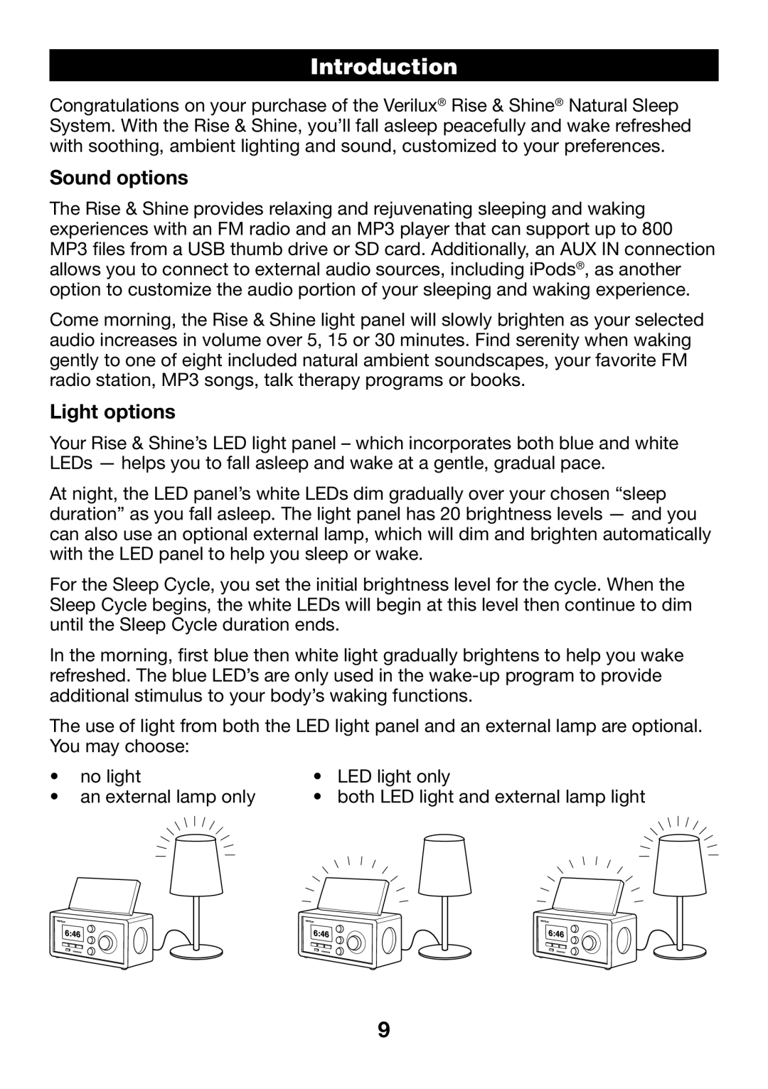 Verilux VA04 manual Introduction, Sound options, Light options 