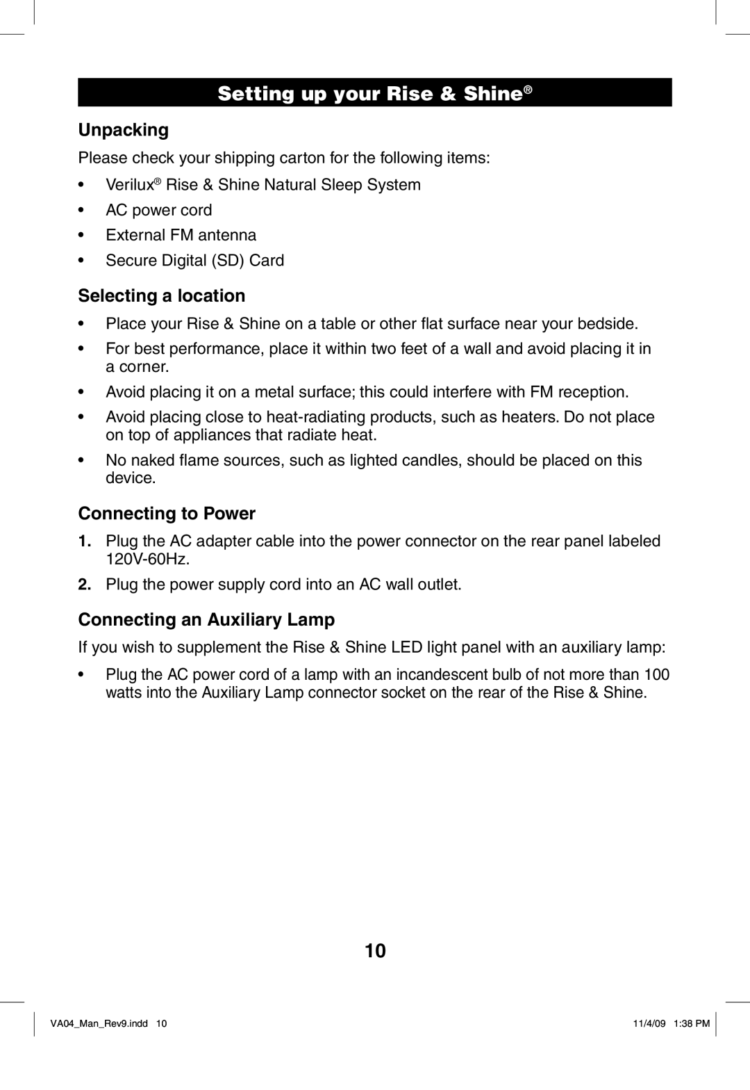 Verilux VA04 manual Setting up your Rise & Shine, Unpacking, Selecting a location, Connecting to Power 